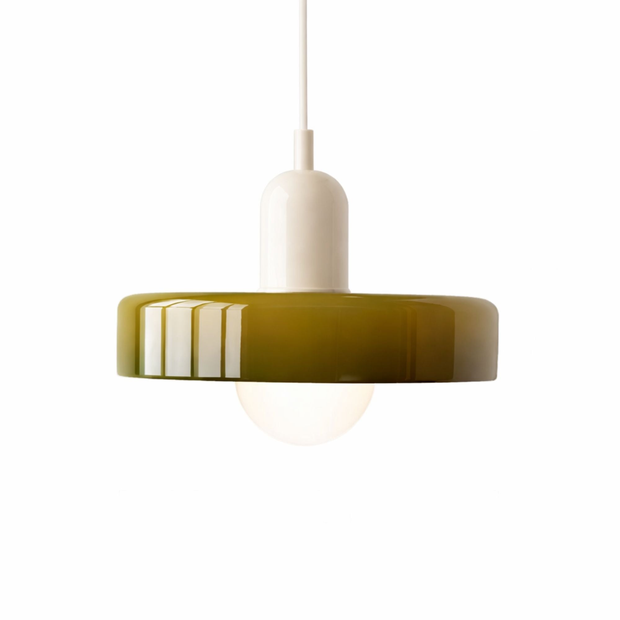 taklampa i modern design med vit topp och grön skärm på vit bakgrund