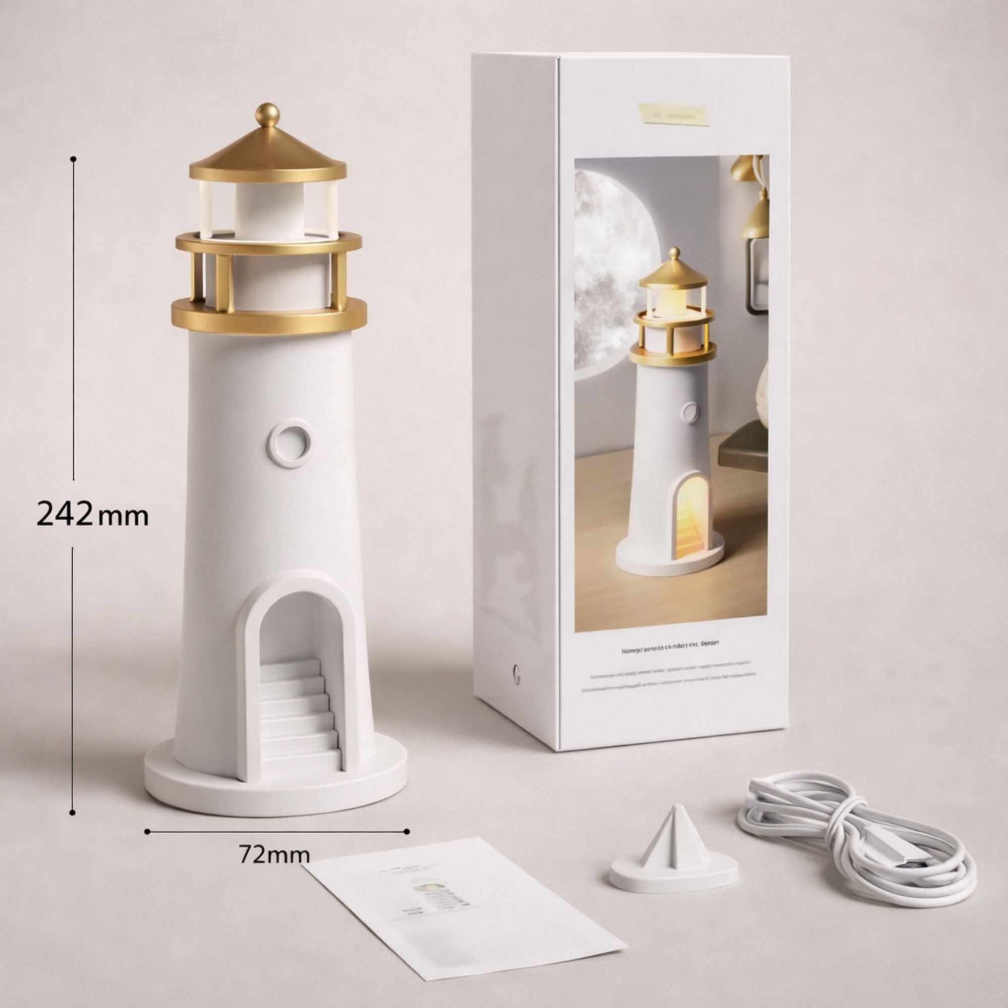 Barn nattlampa med mått 242 mm höjd och 72 mm bredd samt förpackning och tillbehör som kabel och manual