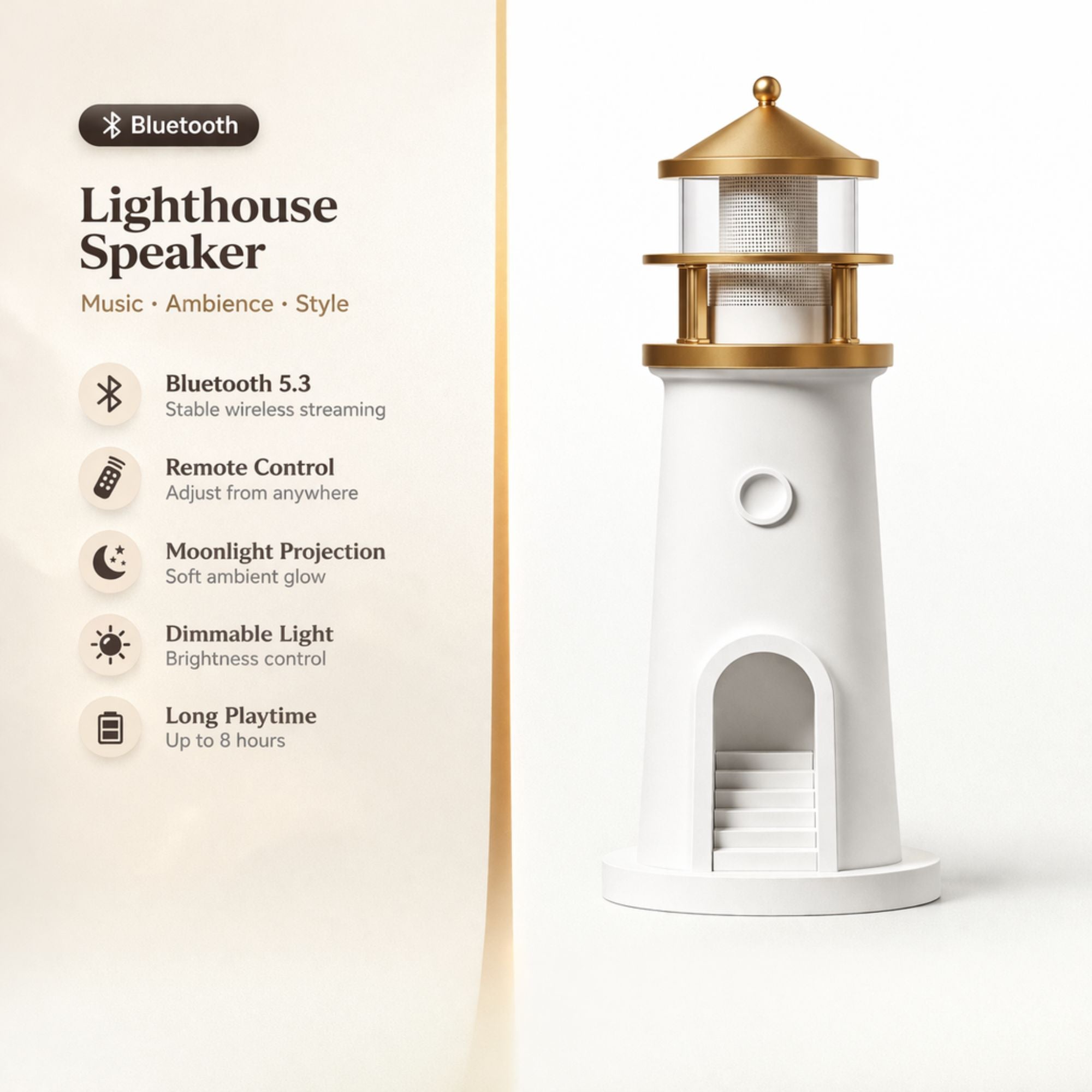 Barn nattlampa med Bluetooth högtalare, dimbart ljus och månljusprojektion i stilren lighthouse design