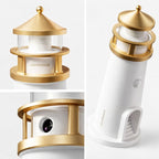 Detaljbild av barn nattlampa i lighthouse design med guldfinish, visar högkvalitativa material och inbyggd sensor samt projektor