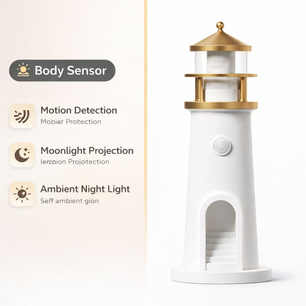 Barn nattlampa med rörelsesensor, månljusprojektion och ambient belysning, perfekt för trygg och mysig miljö i barnrum