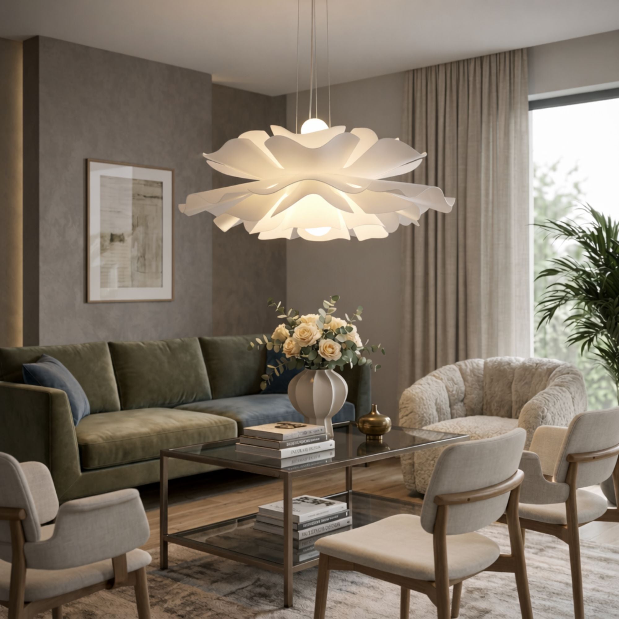 Taklampa vit modern design pendellampa i vardagsrum som ger stilren och varm belysning.