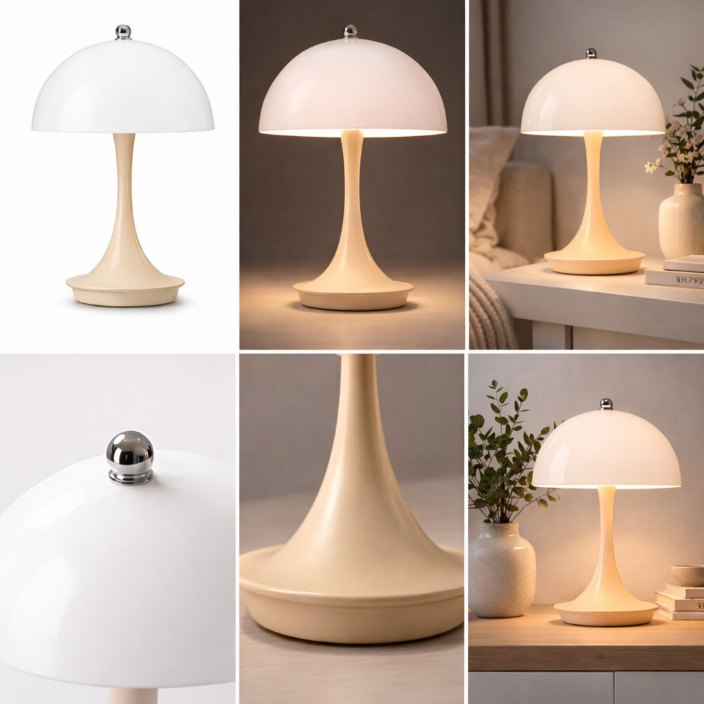 Detaljbild på portabel beige LED bordslampa i svampdesign som visar material och design