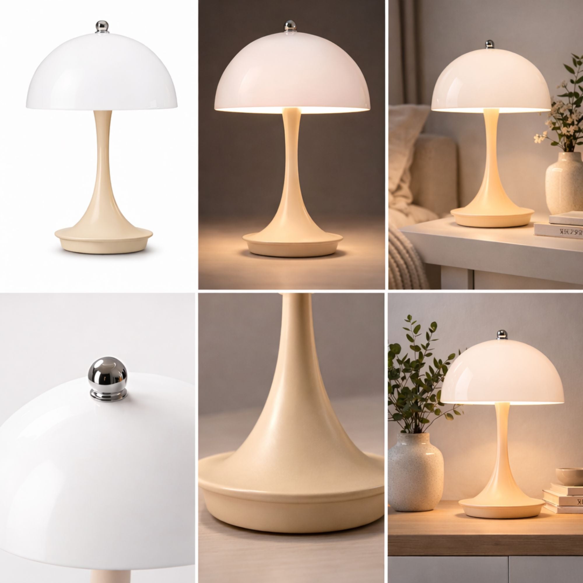 Detaljbild på portabel beige LED bordslampa i svampdesign som visar material och design