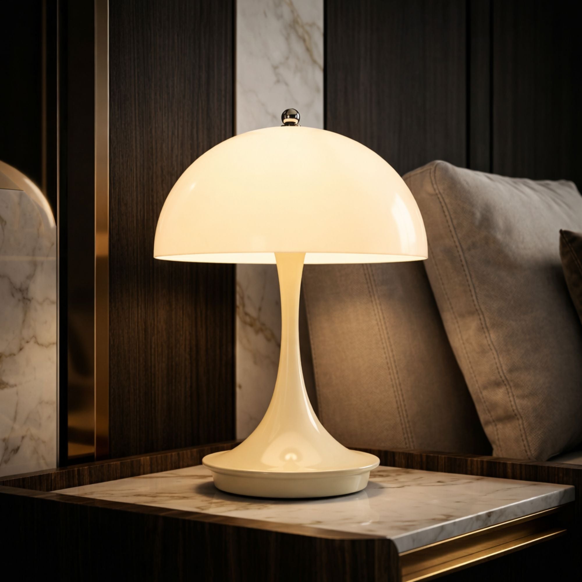 Portabel beige LED bordslampa i svampdesign på sängbord i elegant interiör