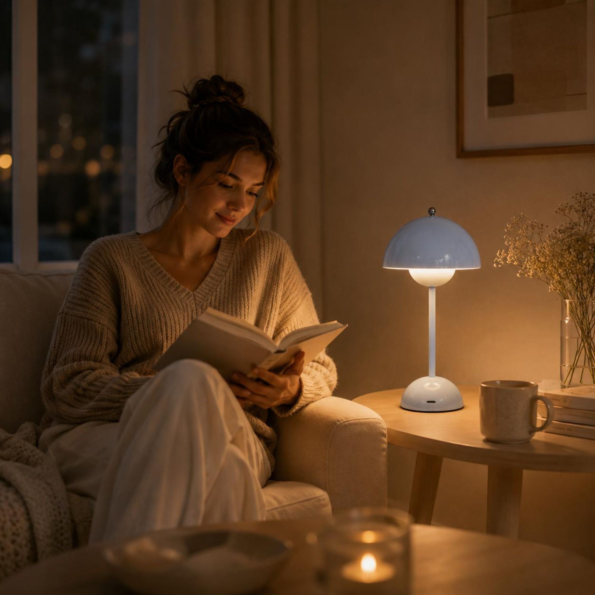 Bordslampa i modern blå design med varm mjuk belysning som skapar en mysig och avslappnande känsla i vardagsrummet medan en kvinna läser i soffan på kvällen.