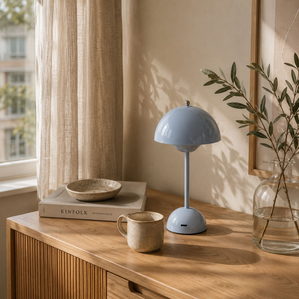 Blå retro bordslampa flowerbud med varm LED-belysning som mysig stämningsbelysning vid fönster