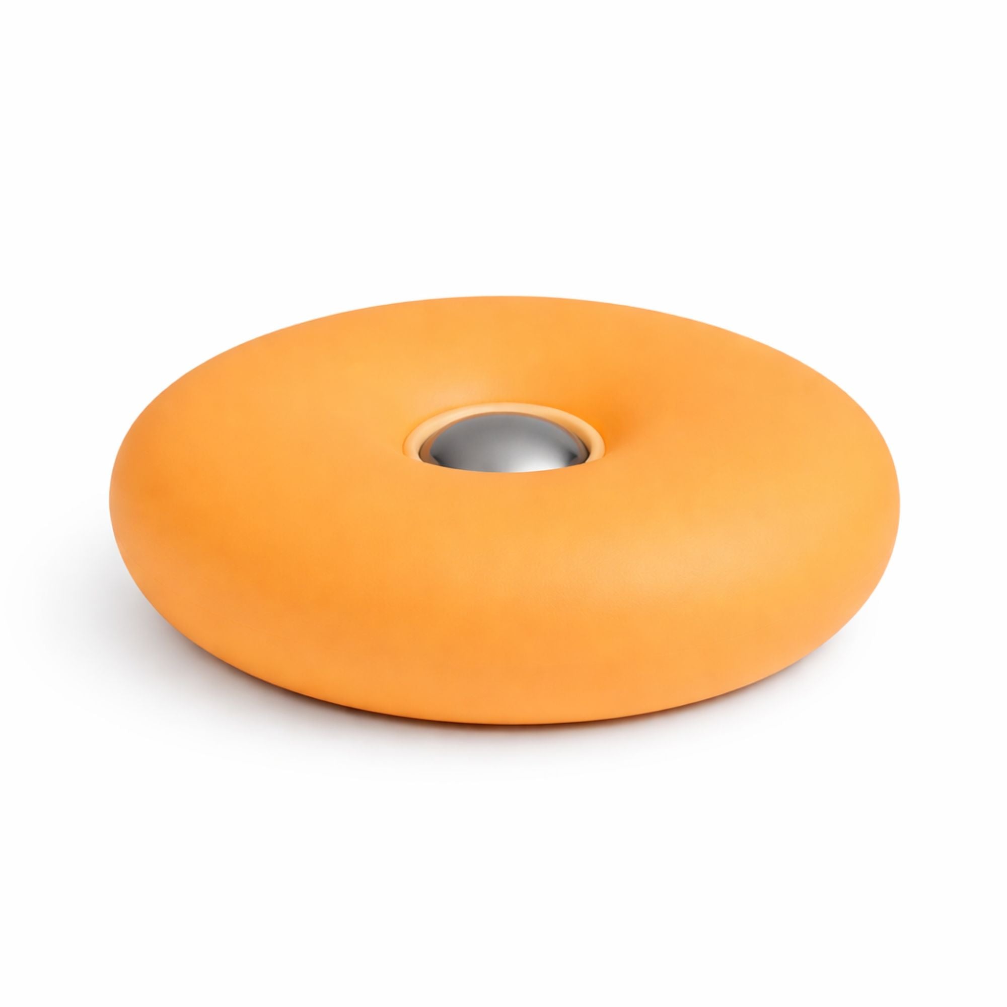 Uppladdningsbar orange portabel LED bordslampa i donut-design med varmvit belysning på vit bakgrund