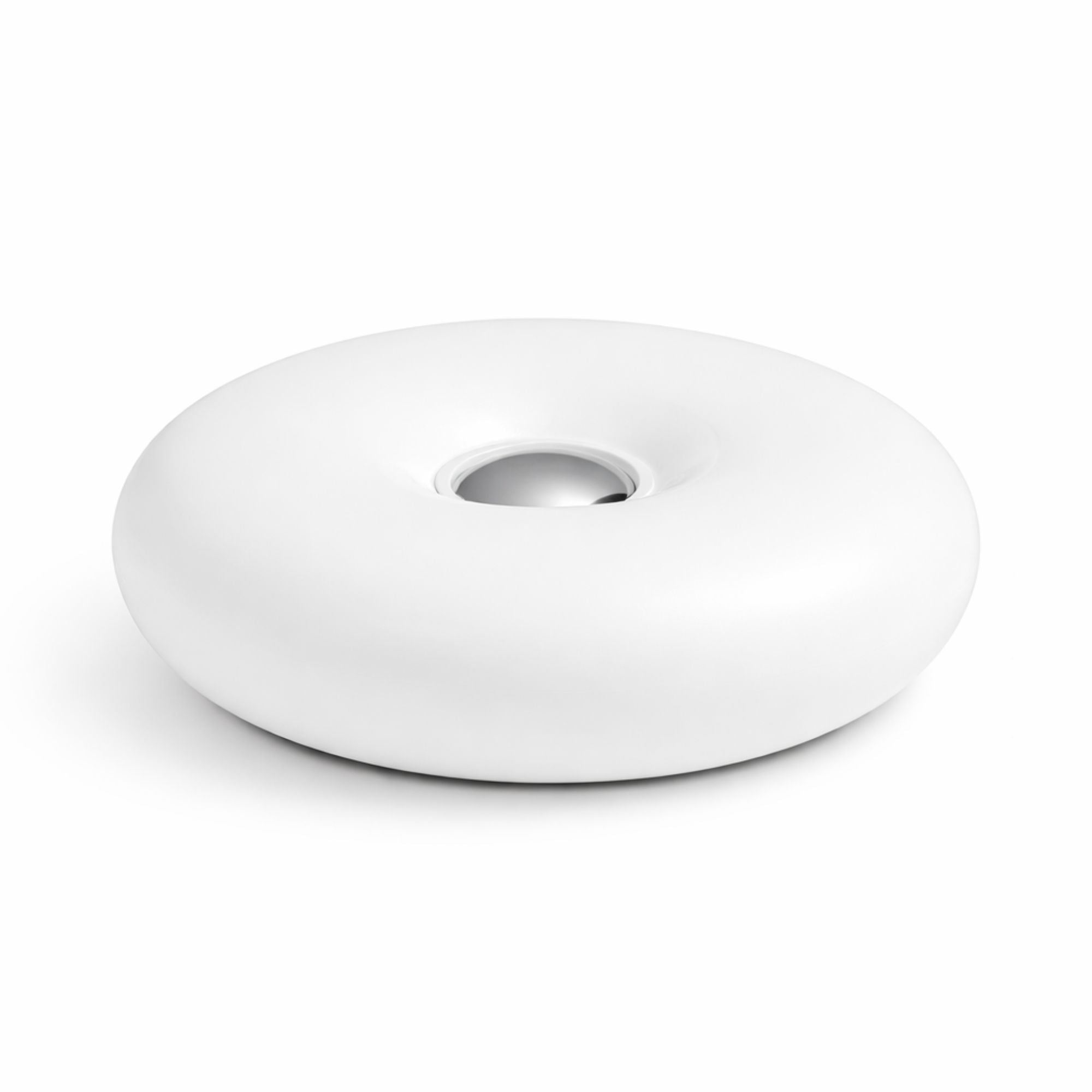 Uppladdningsbar vit portabel LED bordslampa i donut-design med varmvit belysning på vit bakgrund