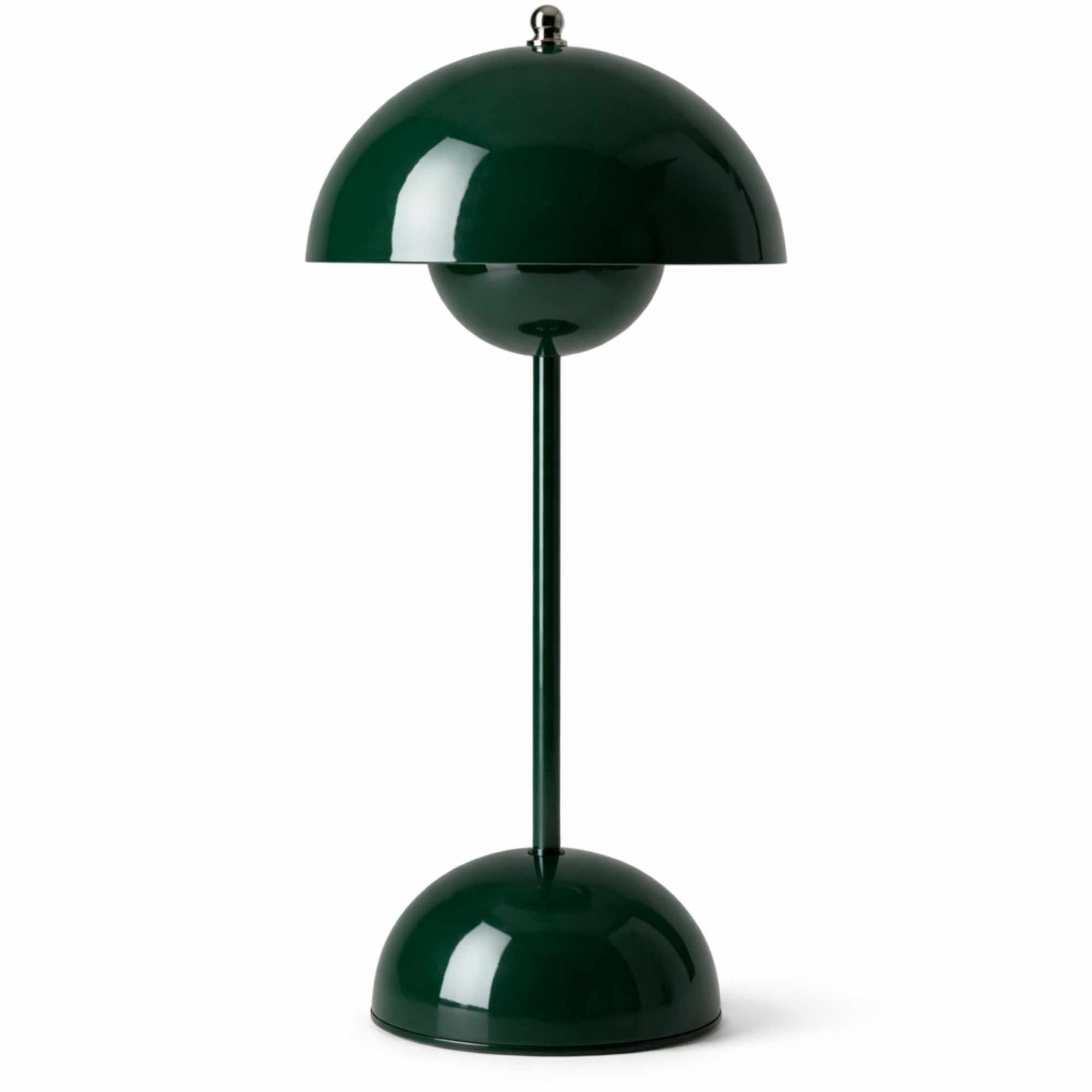 Portabel retro bordslampa i grön metall med LED och tre ljusfärger på vit bakgrund
