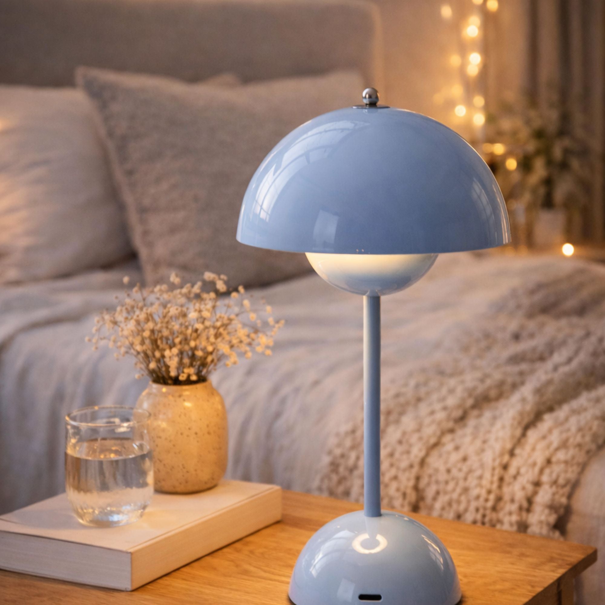 Blå retro bordslampa flowerbud med varm LED-belysning som mysig stämningsbelysning i sovrum