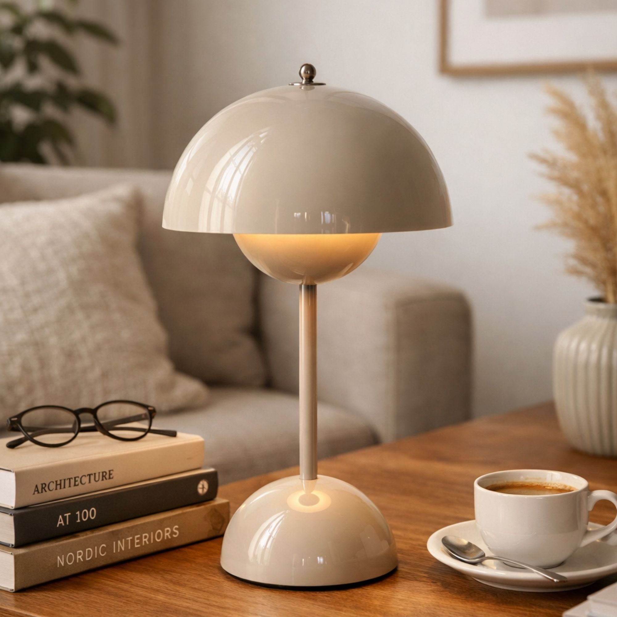 Modern grå retro bordslampa med mjuk LED-belysning som skapar varm och avslappnande atmosfär