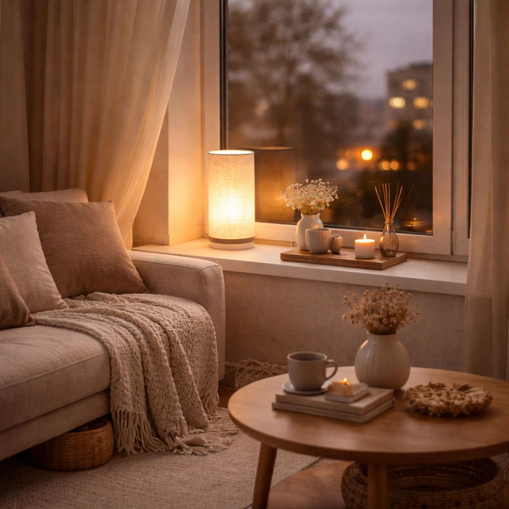 Bordslampa med varm LED-belysning placerad i fönster som skapar mysig atmosfär i vardagsrum eller hall.