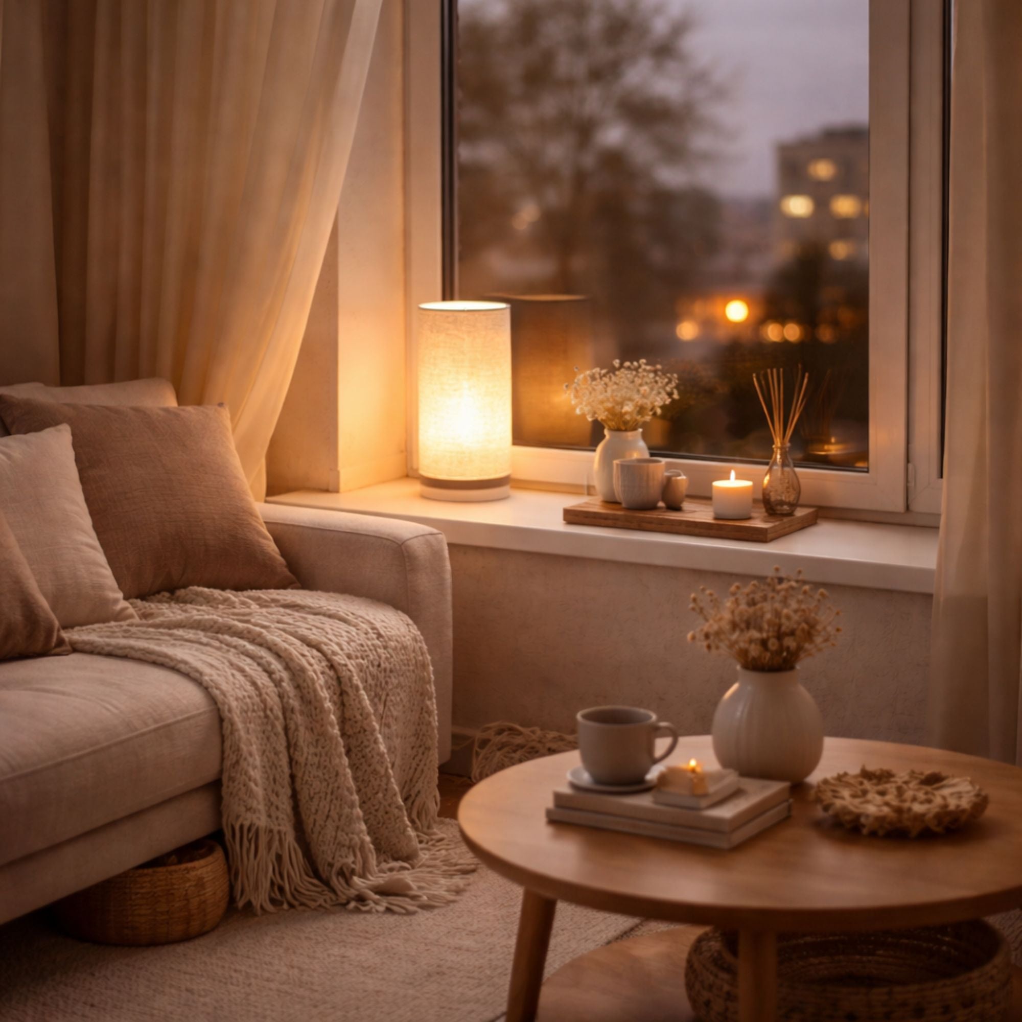 Bordslampa med varm LED-belysning placerad i fönster som skapar mysig atmosfär i vardagsrum eller hall.