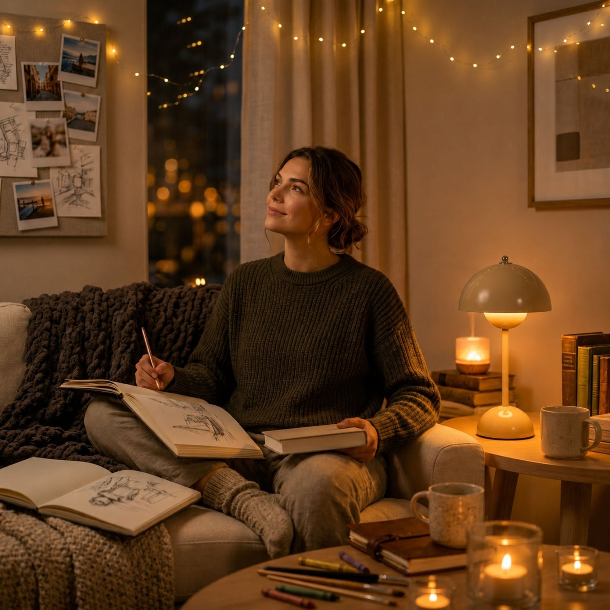 Bordslampa i modern grå design med varm mjuk belysning som skapar en mysig och avslappnande kvällskänsla medan en kvinna sitter i soffan och läser i ett stilrent vardagsrum.