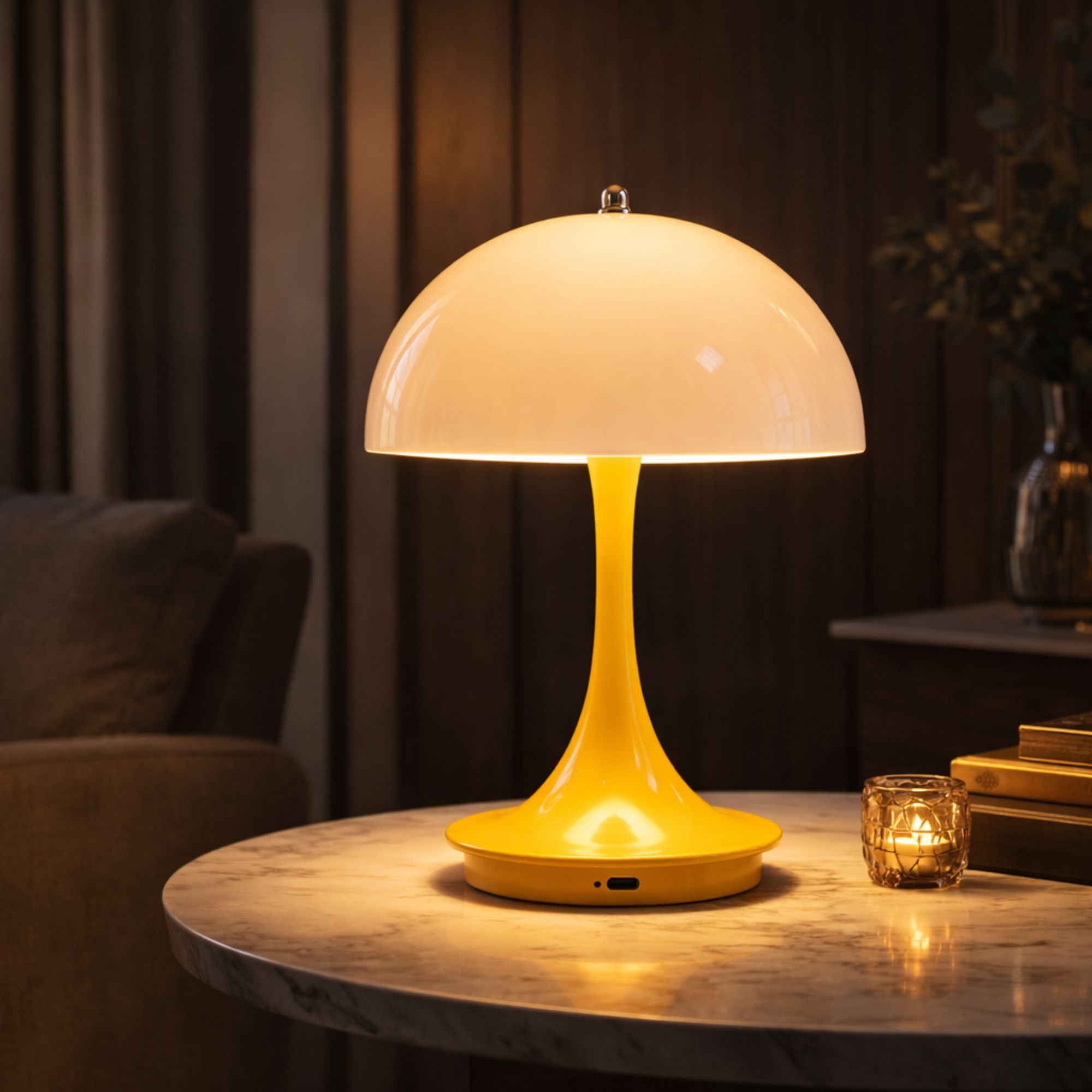 Portabel gul LED bordslampa i svampdesign på träbord i modern interiör