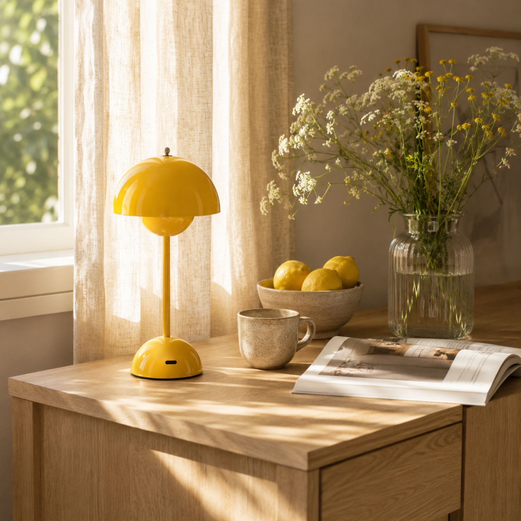 Flowerbud gul uppladdningsbar bordslampa i svampdesign på ekmöbel vid soligt fönster med keramikmugg, citroner, öppen tidning och blomsterarrangemang i skandinavisk inredning.