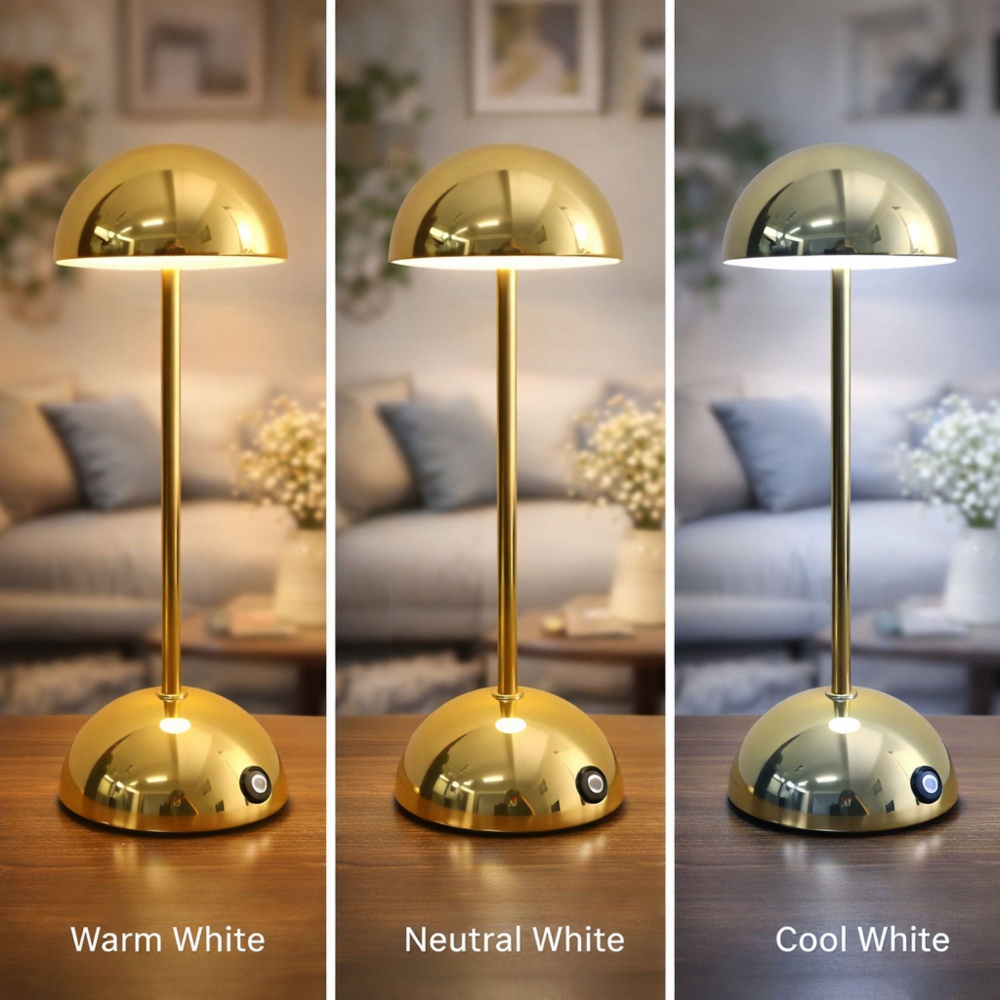 Modern guld bordslampa i svampdesign LED touch med tre ljuslägen varm vit neutral vit och kall vit