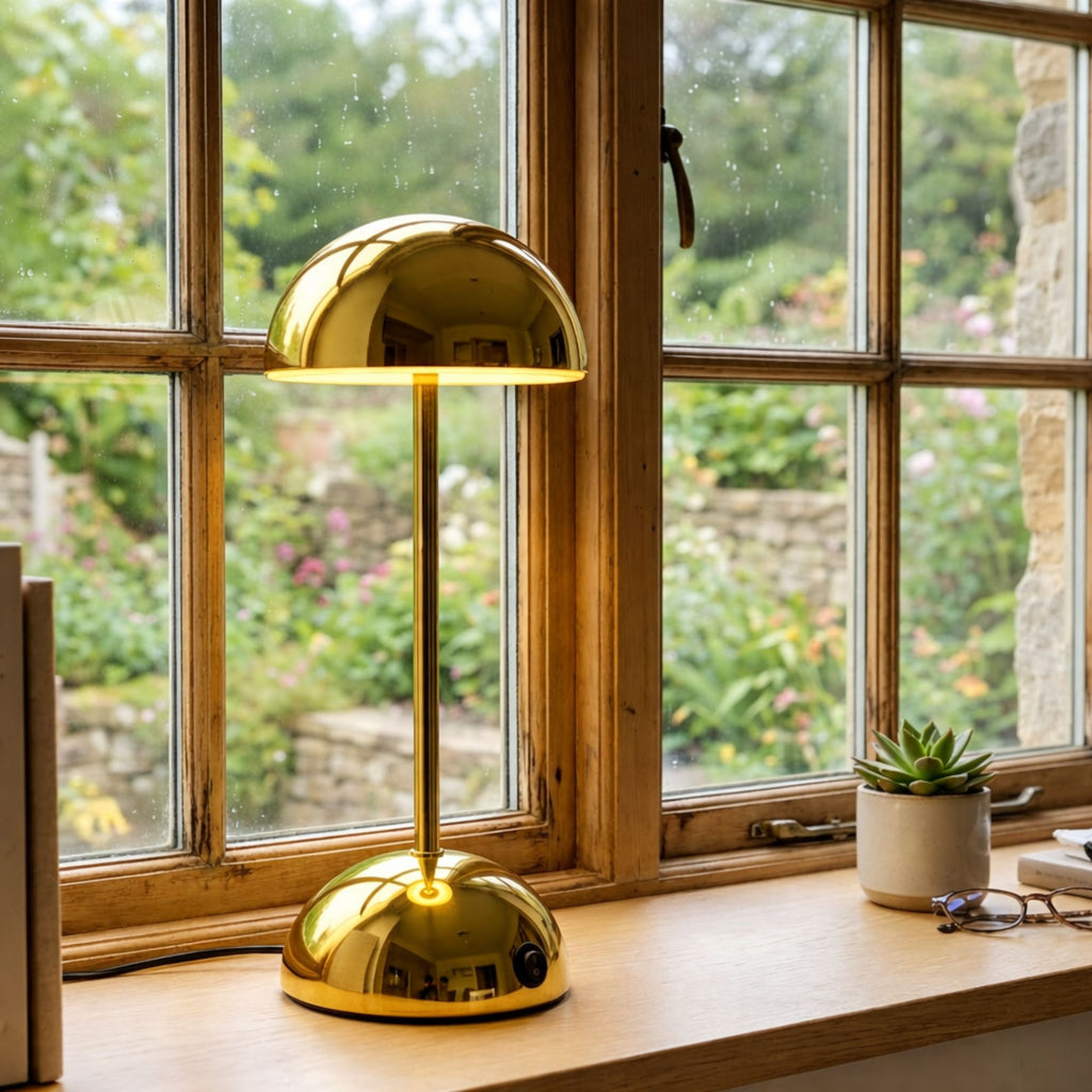 Modern guld bordslampa i svampdesign LED uppladdningsbar vid fönster i hemtrevlig miljö
