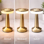 Bordslampa i guld med uppladdningsbar LED och tre ljuslägen – varmvit, neutralvit och kallvit – modern design för stilren belysning i hemmet