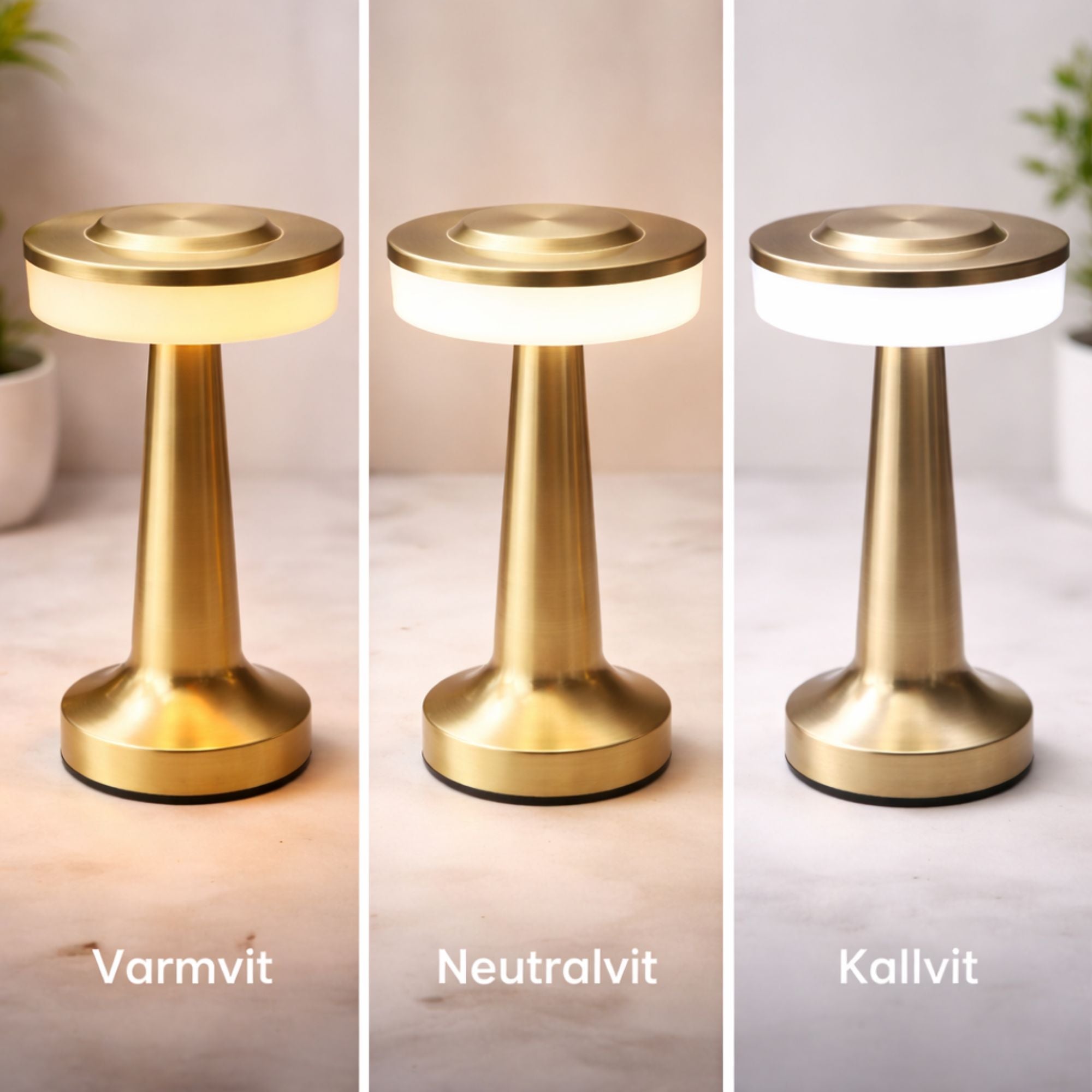 Bordslampa i guld med uppladdningsbar LED och tre ljuslägen – varmvit, neutralvit och kallvit – modern design för stilren belysning i hemmet