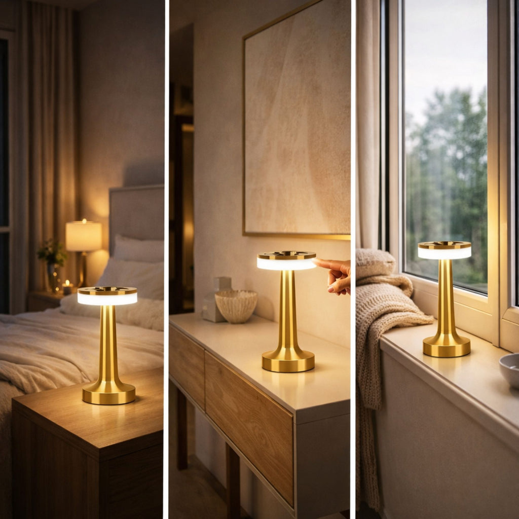 Bordslampa i guld med uppladdningsbar LED placerad i sovrum, hall och fönster, visar hur lampan skapar varm och stilren belysning i olika miljöer