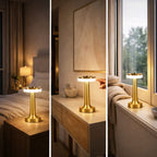 Bordslampa i guld med uppladdningsbar LED placerad i sovrum, hall och fönster, visar hur lampan skapar varm och stilren belysning i olika miljöer