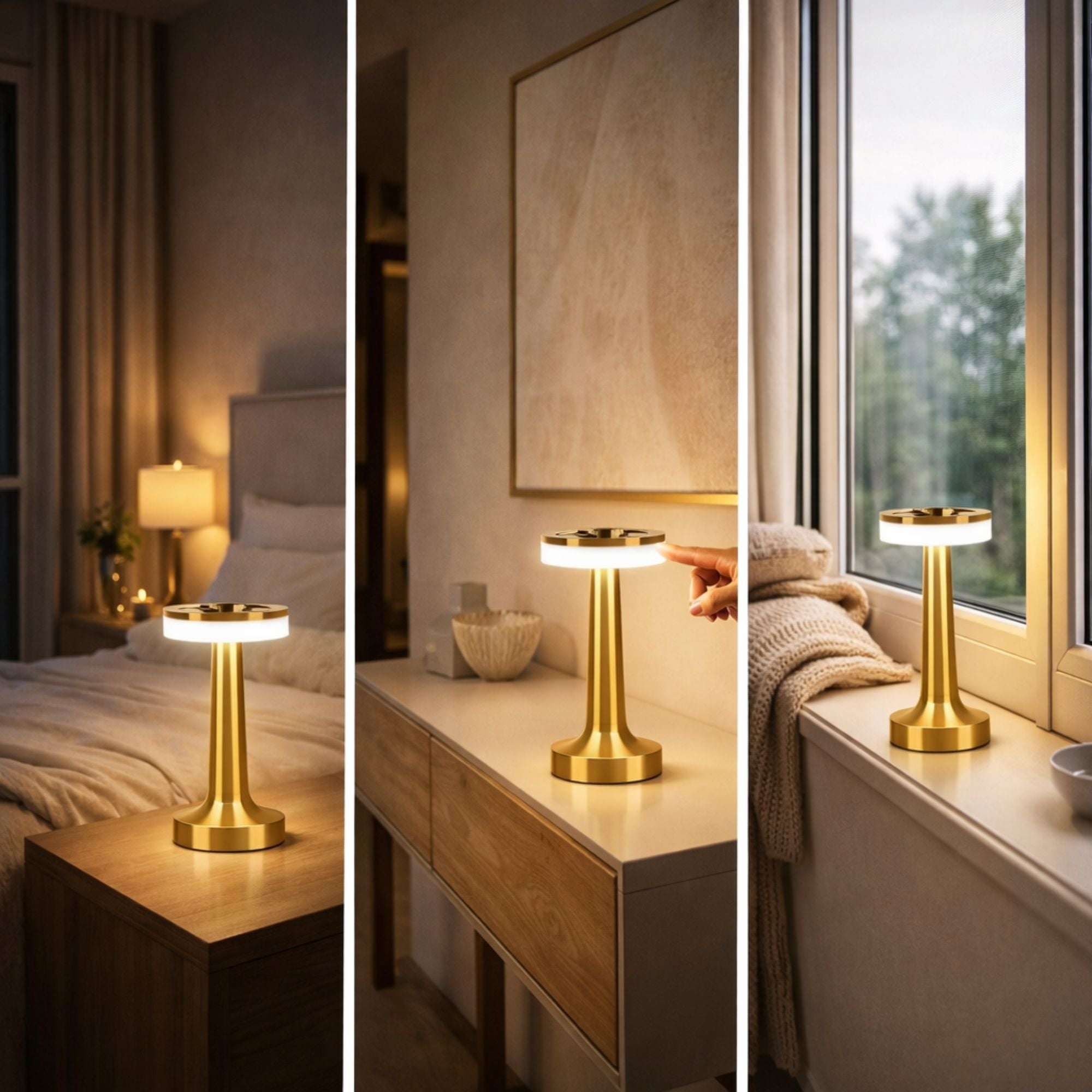 Bordslampa i guld med uppladdningsbar LED placerad i sovrum, hall och fönster, visar hur lampan skapar varm och stilren belysning i olika miljöer
