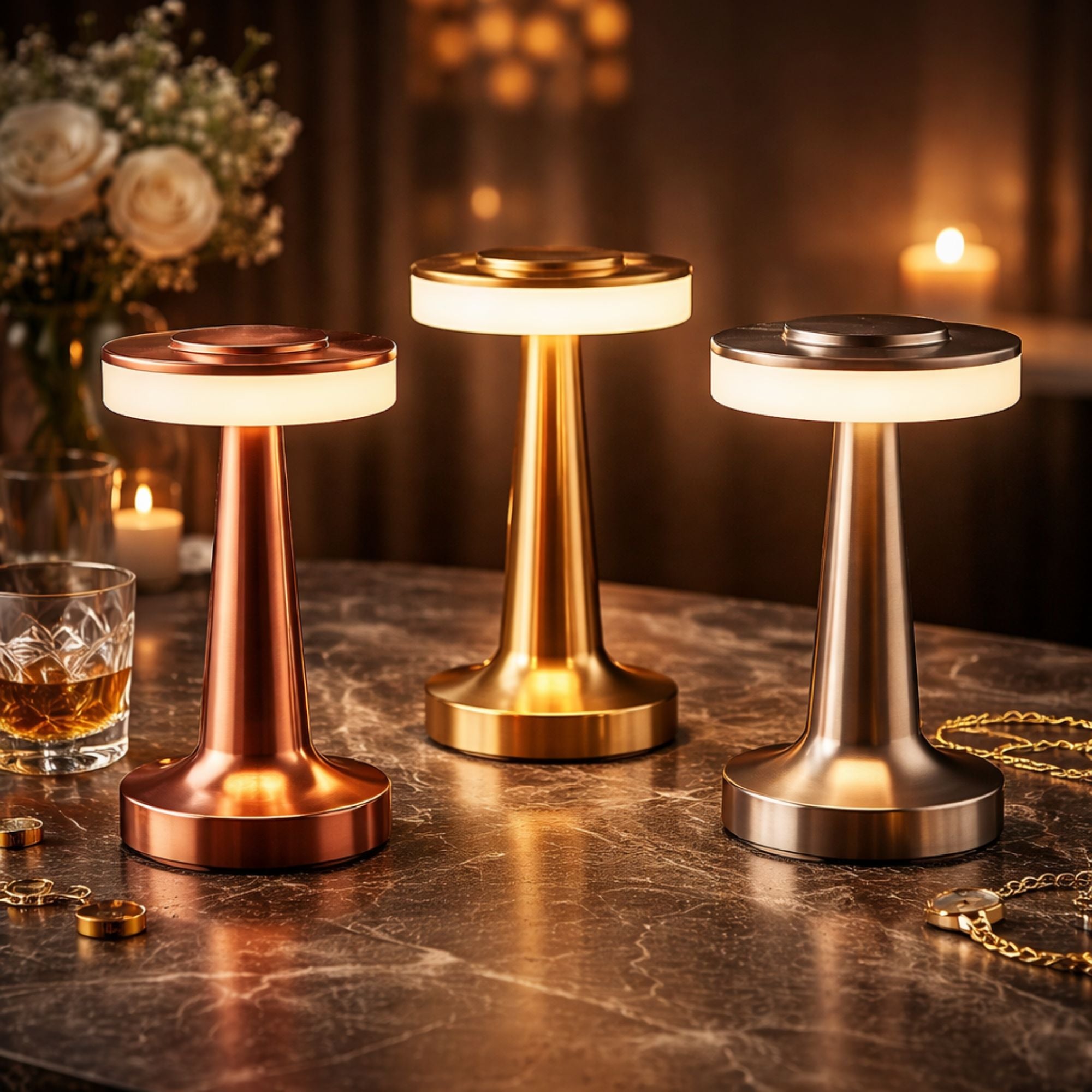 Portabla bordslampor i guld, silver och roséguld med uppladdningsbar LED, presenterade i en lyxig miljö med varm och stämningsfull belysning