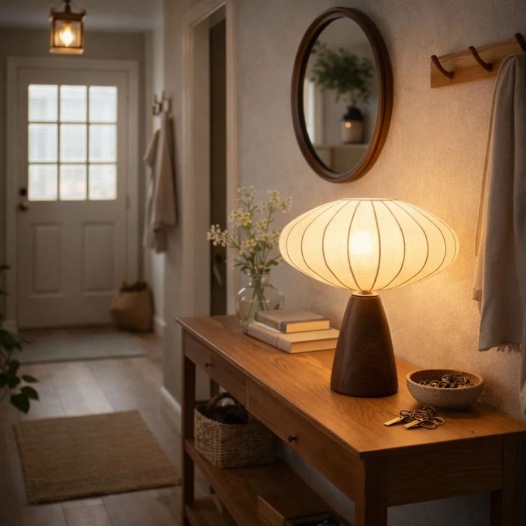 Bordslampa i trä med rund skärm på konsolbord i hall som ger varm och välkomnande belysning