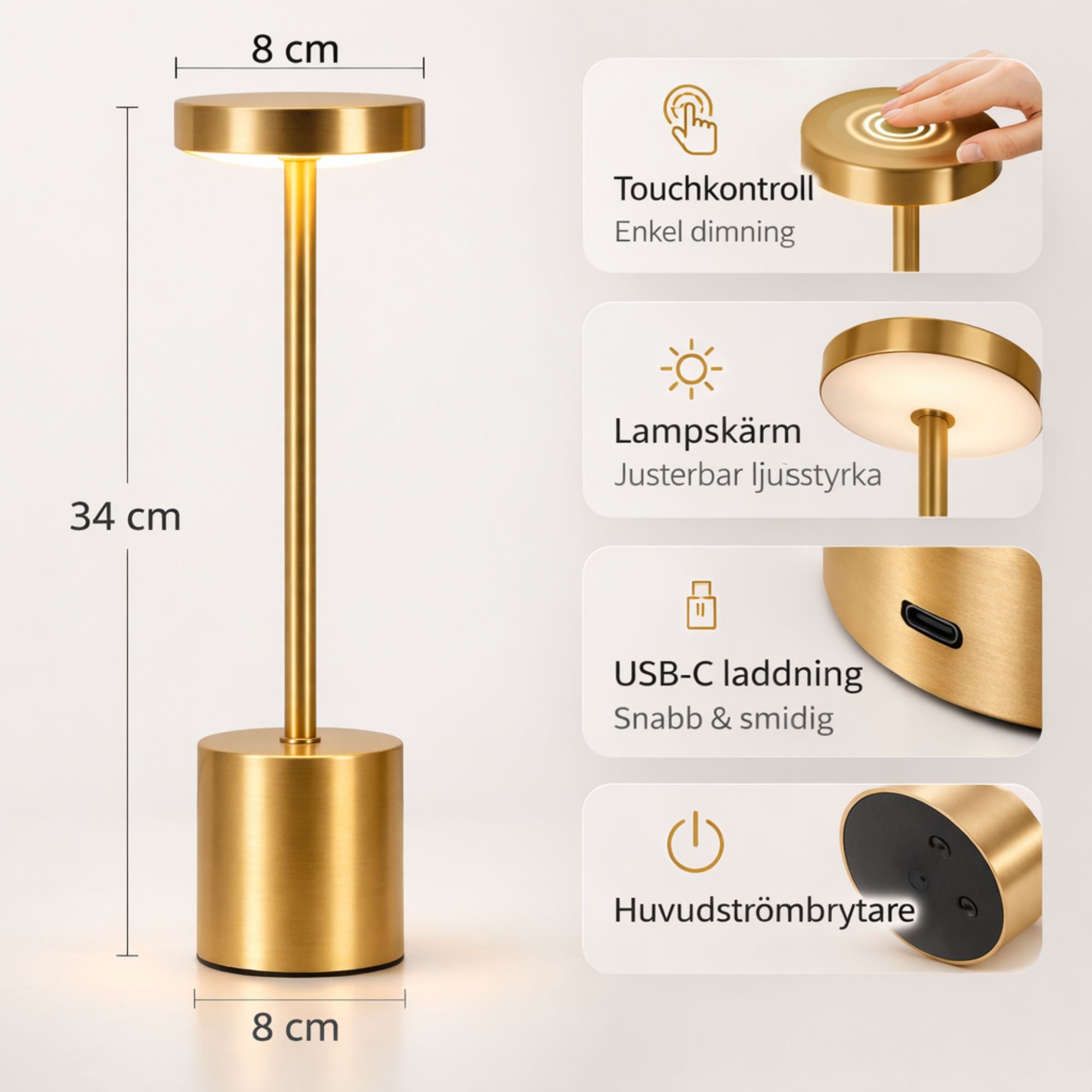 Bordslampa LED i guldfärgad metall med touchkontroll USB-C laddning och höjd 34 cm