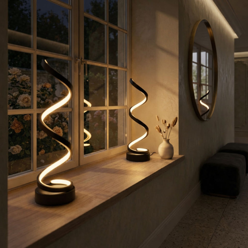 Bordslampa i modern vit design med LED-belysning placerad i fönster.