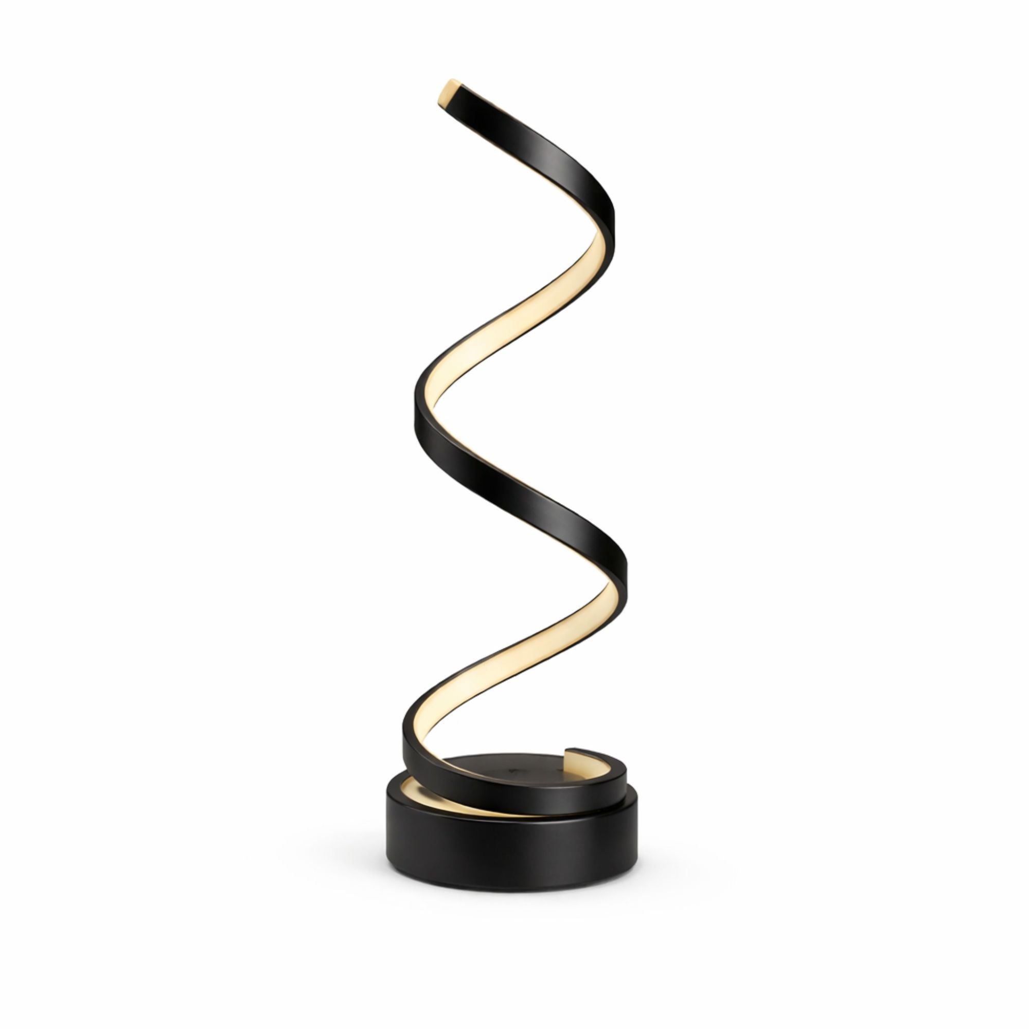 Modern LED-bordslampa i svart med slingrande design och varm belysning.