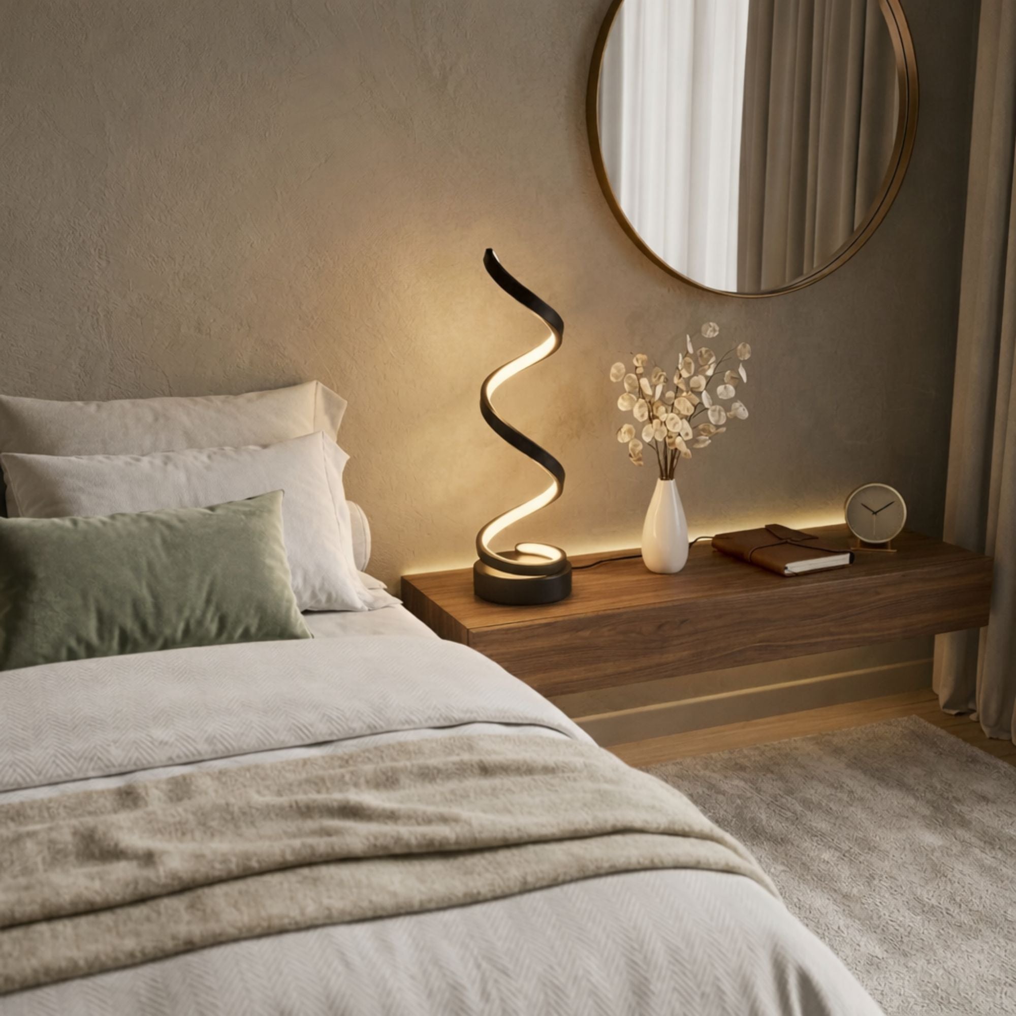 Bordslampa i modern svart design med LED-belysning placerad på nattduksbord i sovrum.