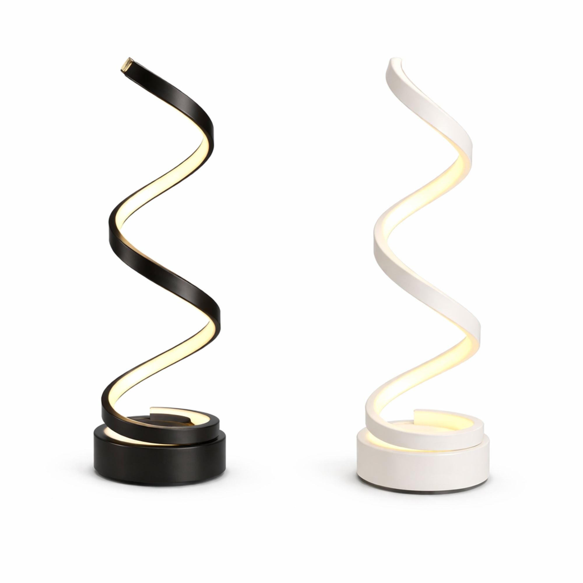Modern LED-bordslampa i svart och vit med slingrande design och varm belysning.