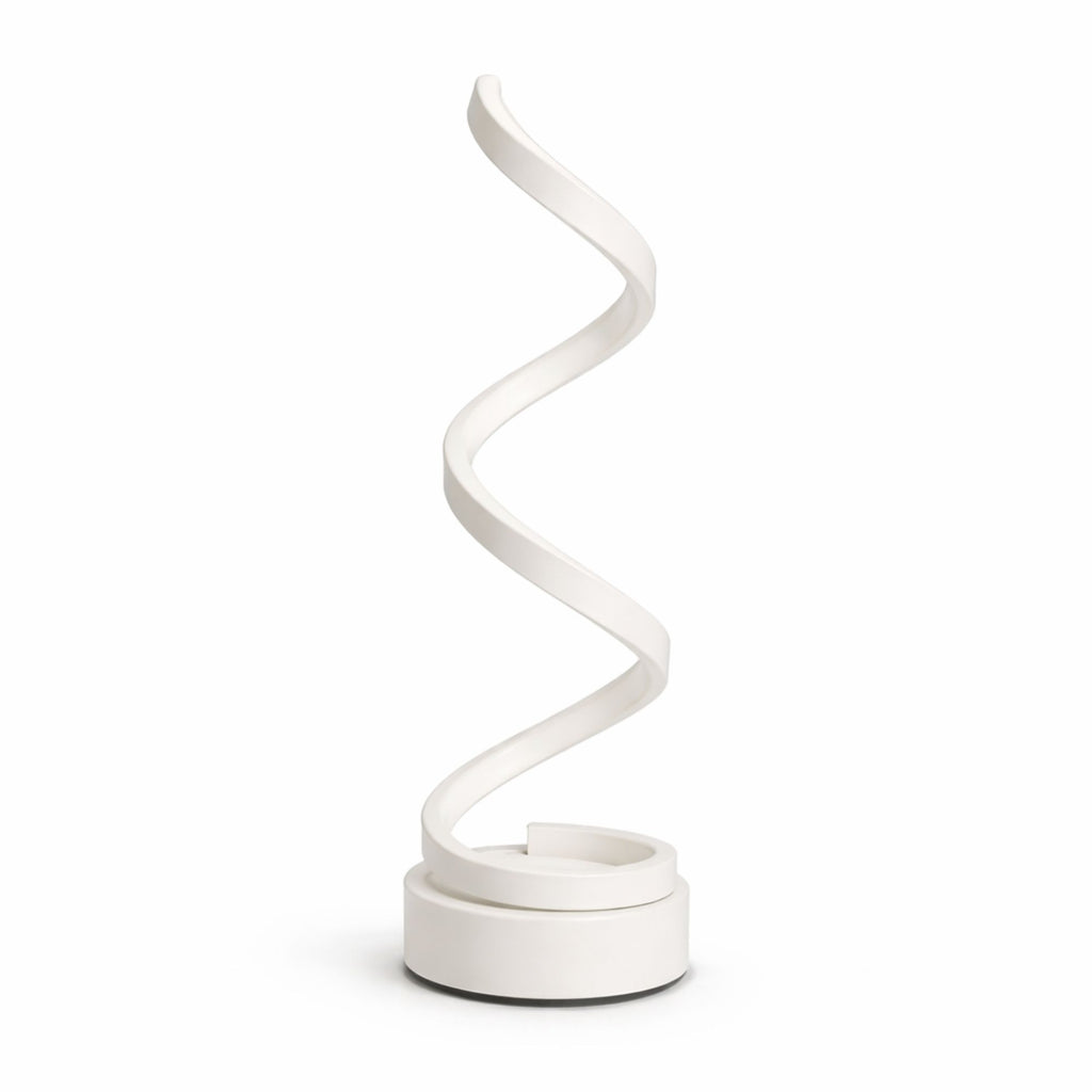 Modern LED-bordslampa i svart med slingrande design och varm belysning.