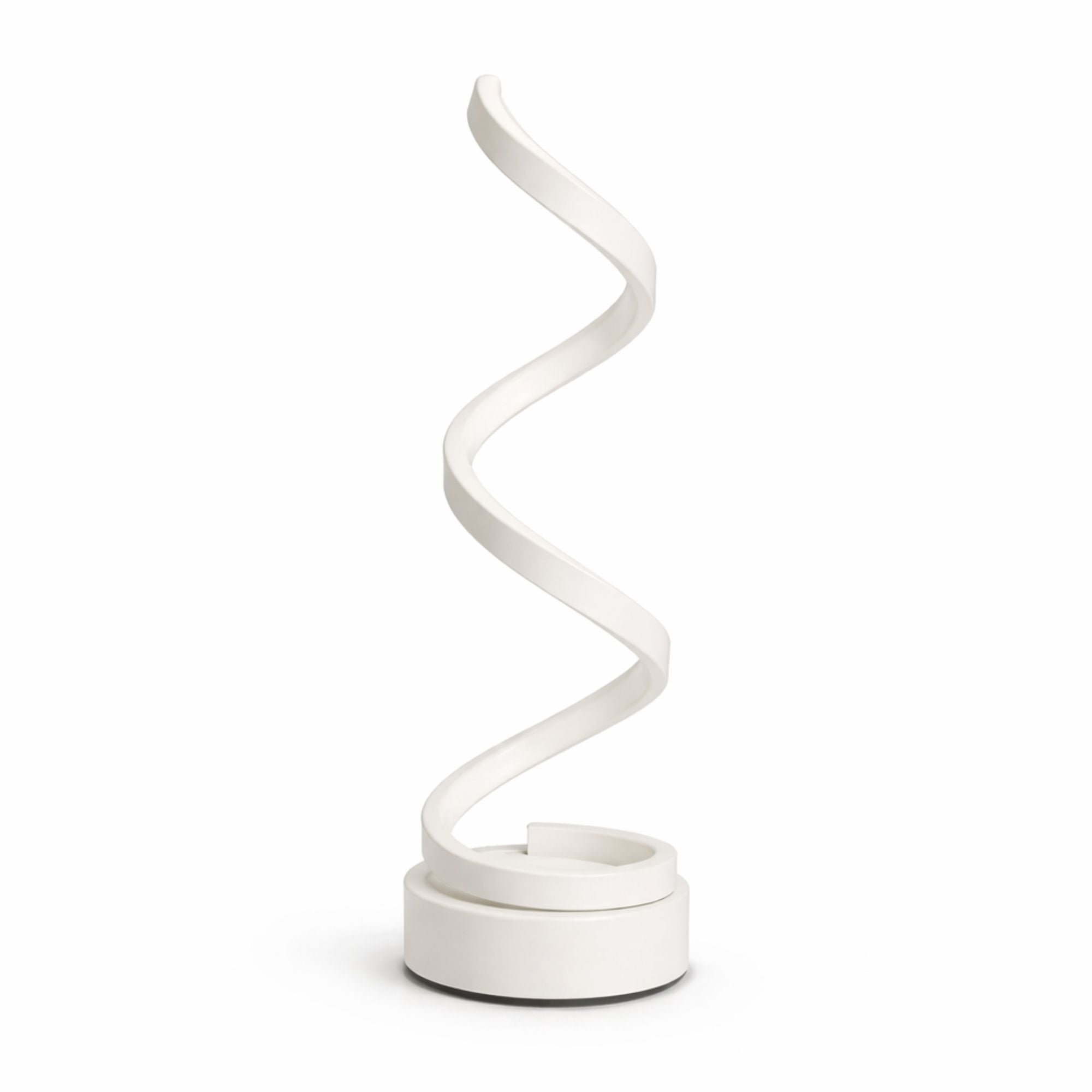 Modern LED-bordslampa i svart med slingrande design och varm belysning.