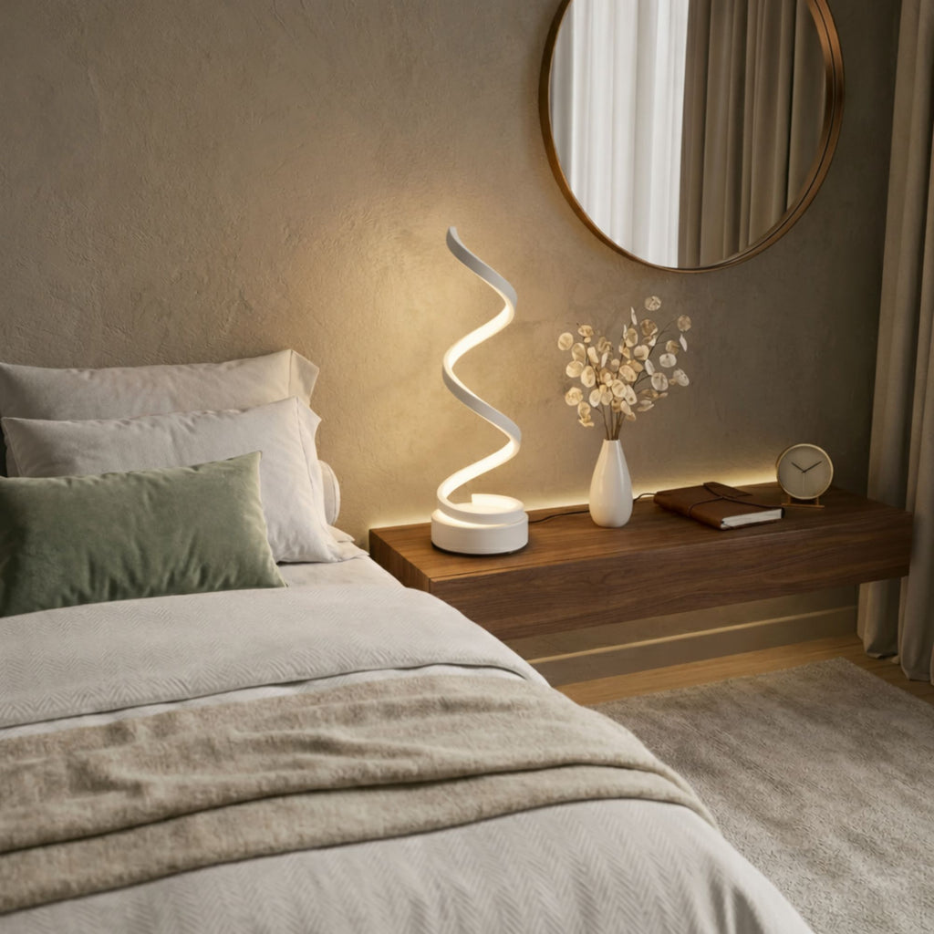 Bordslampa i modern vit design med LED-belysning placerad på nattduksbord i sovrum.