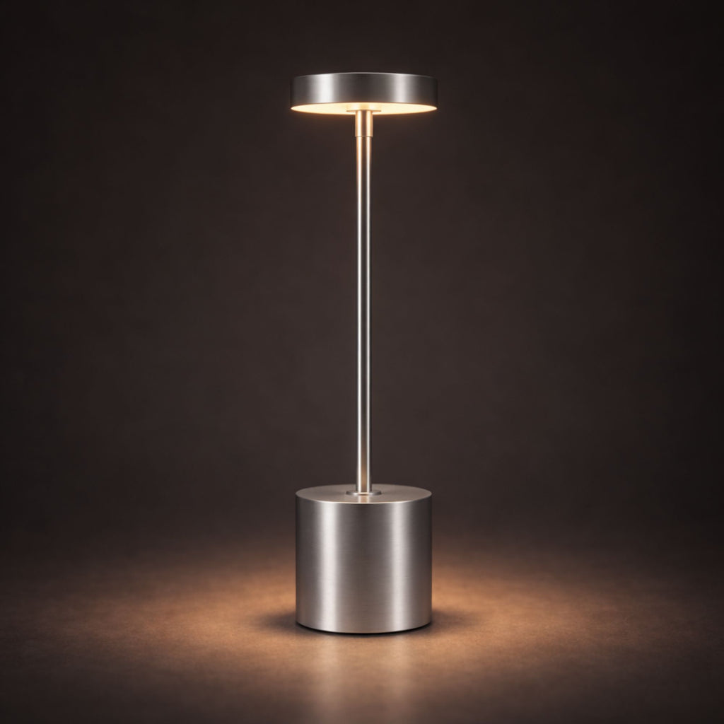 Bordslampa LED i silver metall med dimbar touchkontroll och uppladdningsbart batteri
