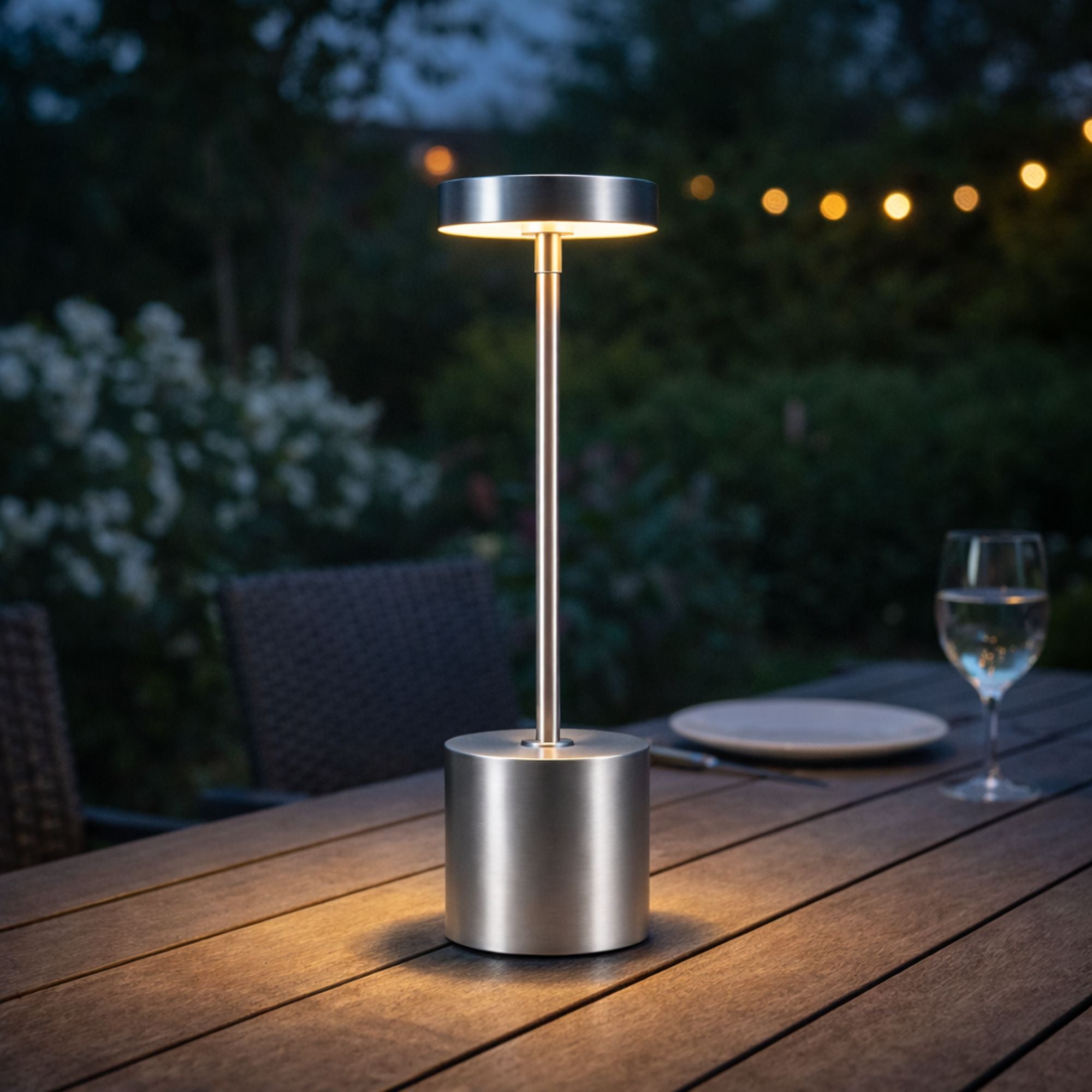 Bordslampa LED i silverfärgad metall på utebord som ger varm stämningsbelysning på terrass eller altan