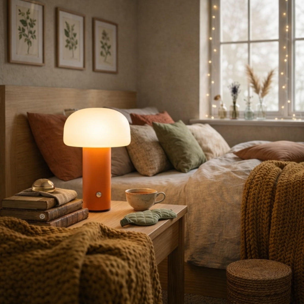 Orange uppladdningsbar LED bordslampa i svampdesign på nattduksbord i mysigt sovrum med varm stämningsbelysning och skandinavisk inredning