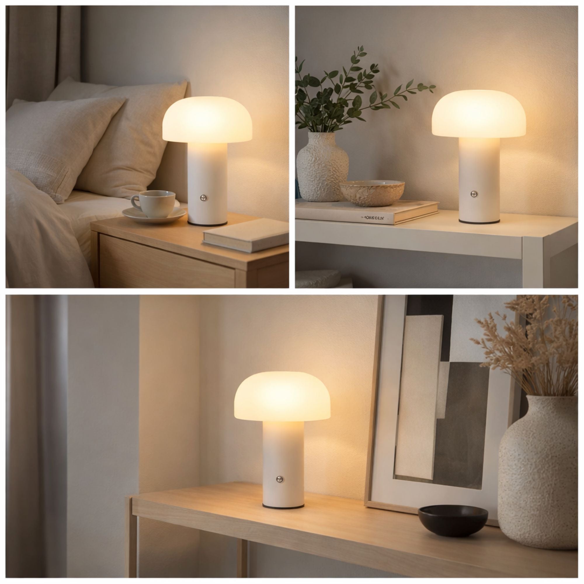 Uppladdningsbar vit LED bordslampa i svampdesign placerad på nattduksbord i modernt skandinaviskt sovrum med varm belysning