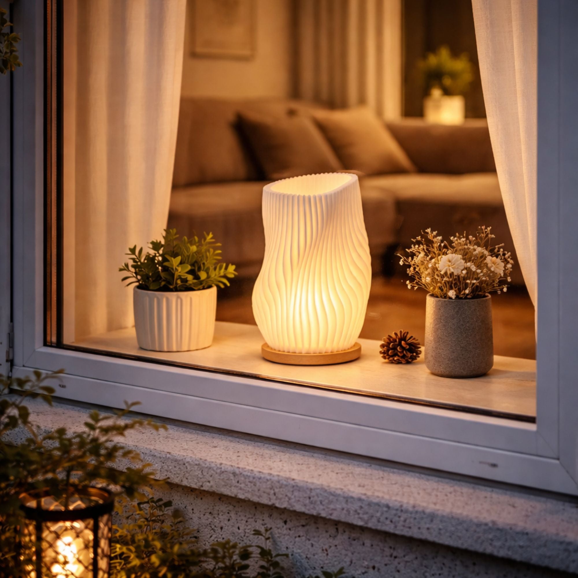 bordslampa med vågig design och varm LED-belysning i fönster sedd utifrån i vardagsrum på kvällen