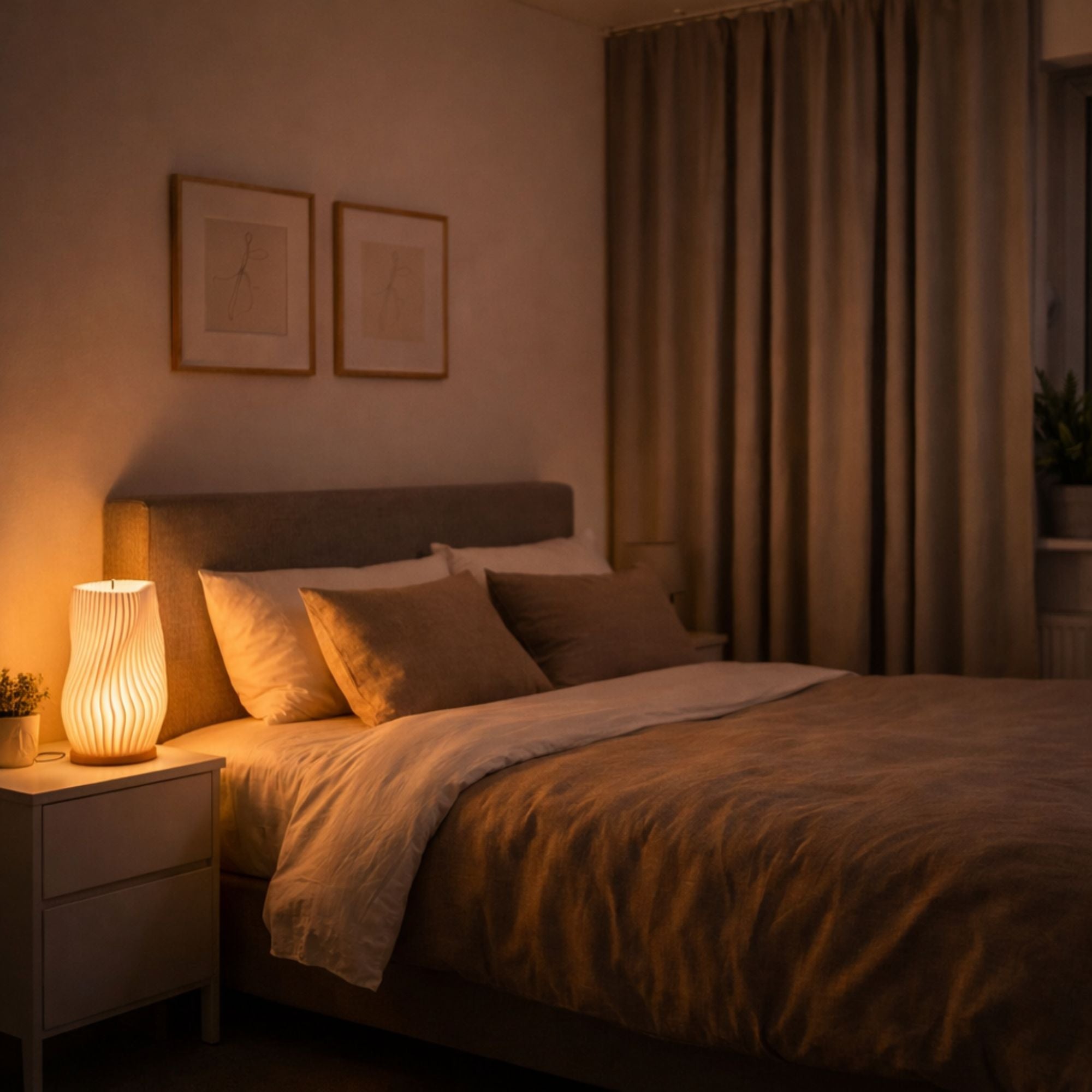 bordslampa med vågig design och varm LED-belysning placerad i sovrum på avstånd som ger ett mjukt och stämningsfullt ljus