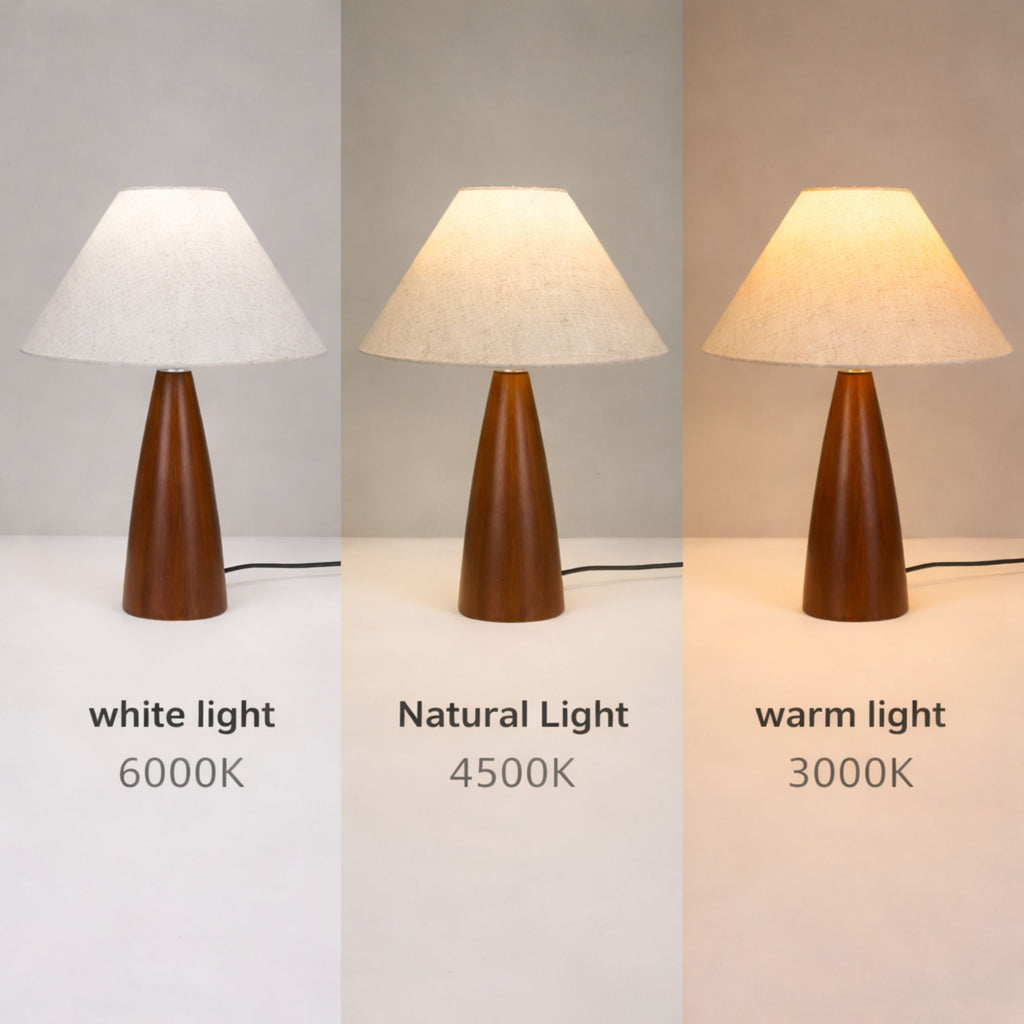 Bordslampa med träfot och linneskärm som visar tre ljusfärger: varmvit 3000K, neutralvit 4500K och kallvit 6000K i jämförelse