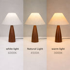 Bordslampa med träfot och linneskärm som visar tre ljusfärger: varmvit 3000K, neutralvit 4500K och kallvit 6000K i jämförelse