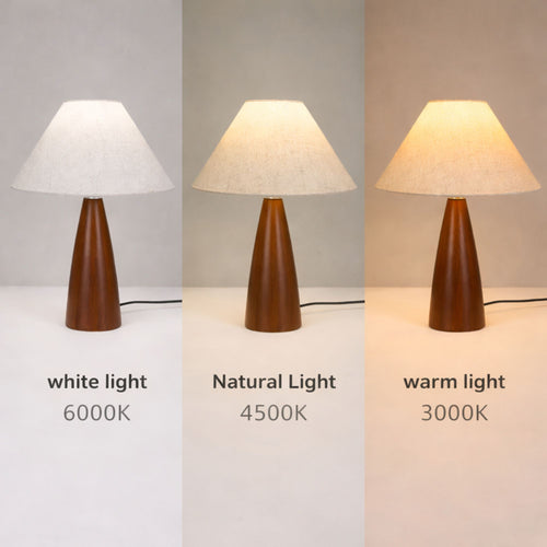 Bordslampa med träfot och linneskärm som visar tre ljusfärger: varmvit 3000K, neutralvit 4500K och kallvit 6000K i jämförelse