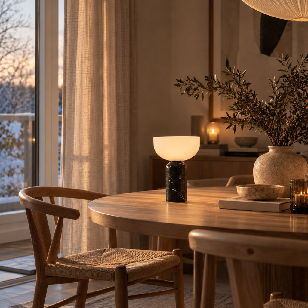 Bordslampa med svart marmorfot och vit skärm på matbord i trä.