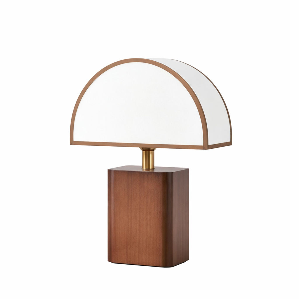Bordslampa i nordisk design med vit skärm och träkant samt träfot stilren lampa för sängbord och inredning