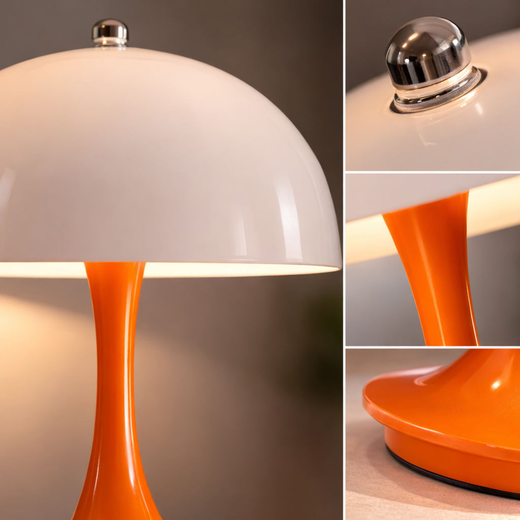 Detaljbild på portabel orange LED bordslampa i svampdesign som visar material och design
